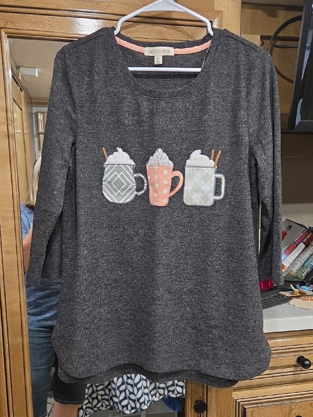 Dark Gray Crewneck Sweater with Mug Appliqués